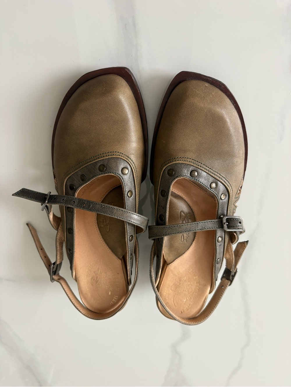 John Fluevog Metallic Brown Mary Jane Slingback Mules